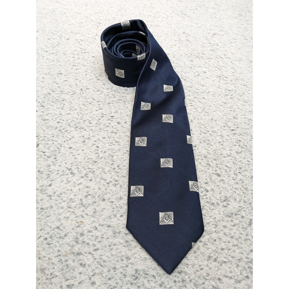 Vtg Free Masons Masonic Tie 3"x56.5" Navy Blue Shermans Cravats Silver Logo USA